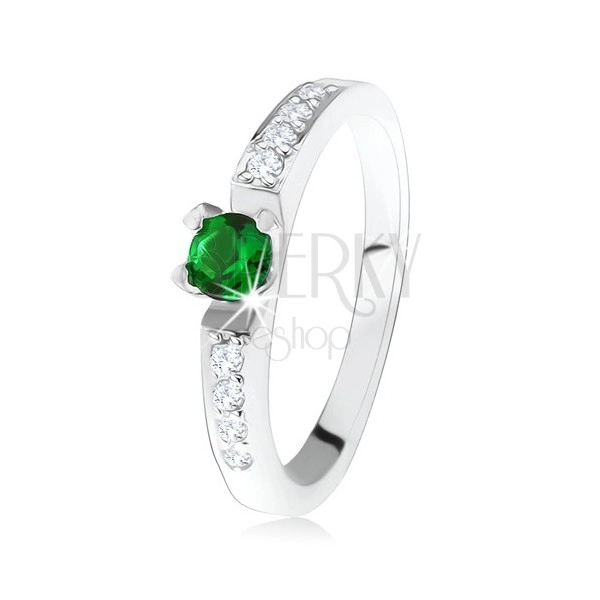 Srebrny pierścionek zaręczynowy 925, okrągły zielony kamyczek, linie przeźroczystych cyrkonii