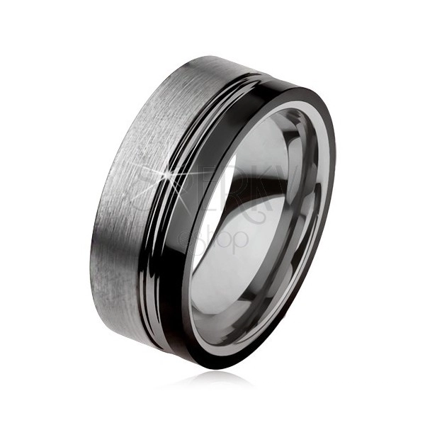 Wolframowy pierścionek, dwa nacięcia, srebrny i czarny kolor, lśniąco-matowa powierzchnia