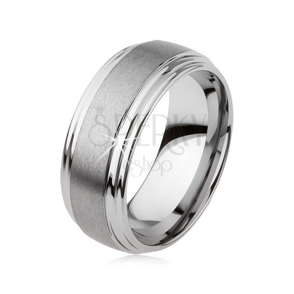 Gładki wolframowy pierścionek, lekko wypukły, matowa powierzchnia, srebrny kolor