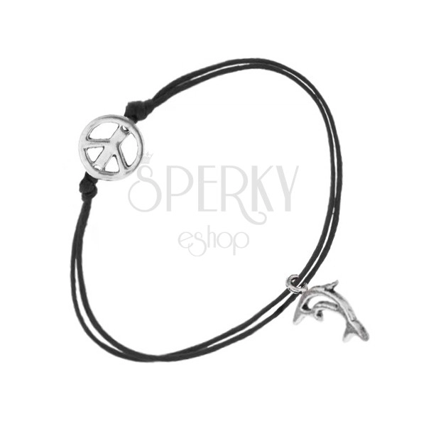 Sznurkowa bransoletka czarnego koloru, dwie zawieszki - symbol pokoju, kontury delfina