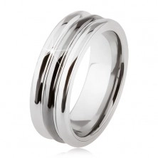 Wolframowy pierścionek o lśniącej powierzchni, dwa nacięcia, czarny i srebrny kolor