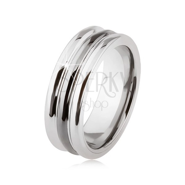 Wolframowy pierścionek o lśniącej powierzchni, dwa nacięcia, czarny i srebrny kolor