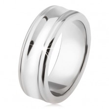 Tytanowy pierścionek - srebrny kolor, lśniący, wgłębiony środkowy pas