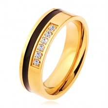Stalowy pierścionek w złotym i czarnym kolorze, ozdobny pas przezroczystych cyrkonii