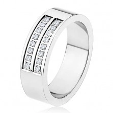 Stalowy pierścionek - srebrny kolor, lśniący, podwójny pas przezroczystych cyrkonii