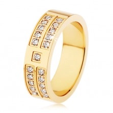 Stalowy pierścionek złotego koloru, ozdobne pasy i kwadraty z przezroczystych cyrkonii
