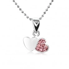 Srebrny naszyjnik 925, łańcuszek z małych kuleczek, dwa serca, różowe cyrkonie