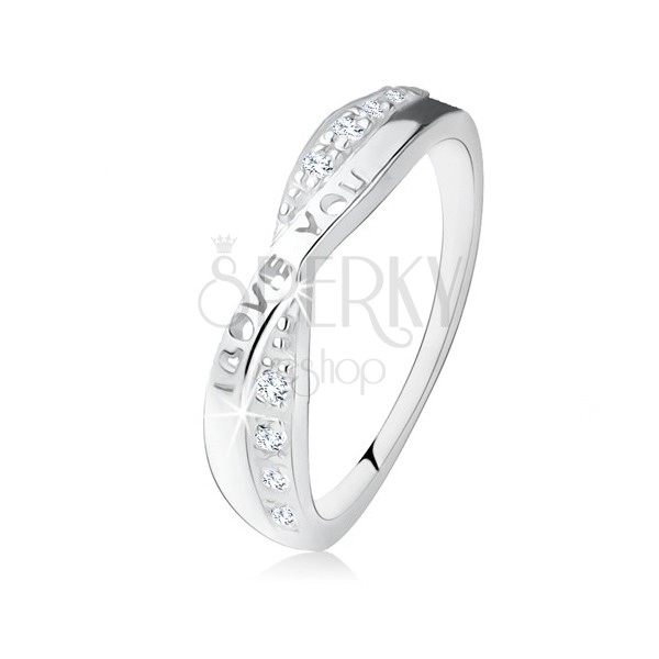 Srebrny pierścionek 925, skrzyżowane ramiona, cyrkonie, napis "I LOVE YOU"