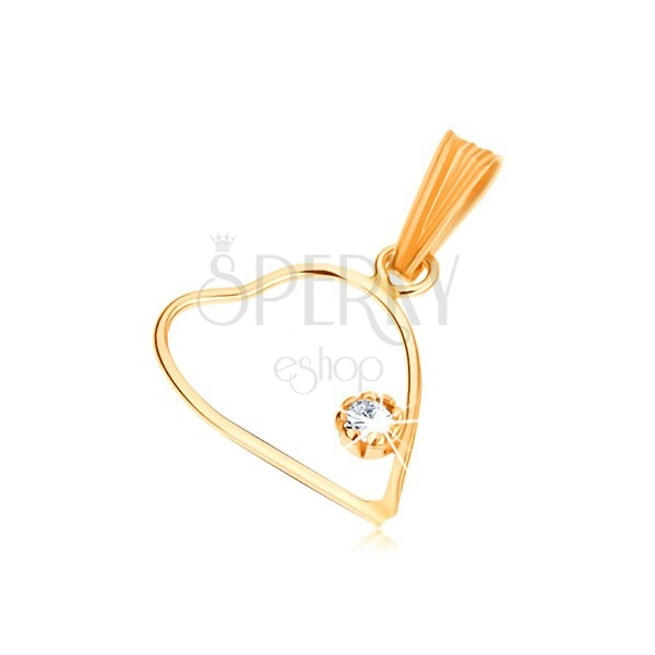 Wisiorek z żółtego złota 9K, cienki zarys symetrycznego serca, przezroczysta cyrkonia