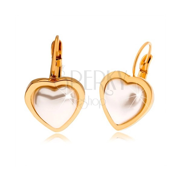 Stalowe kolczyki złotego koloru, osadzony biały kamyczek w kształcie serca