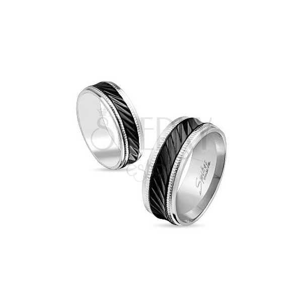 Stalowa obrączka srebrnego koloru, czarny pas z ukośnymi nacięciami, karby, 8 mm