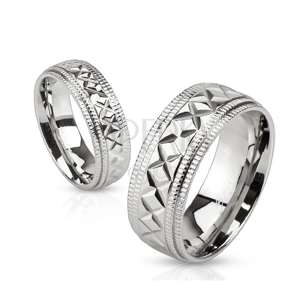Lśniący stalowy pierścionek srebrnego koloru, karby i geometryczne nacięcia, 8 mm