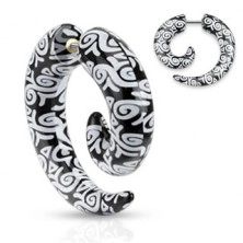 Oszukany kolczyk do ucha z akrylu, czarna spirala, białe ornamenty