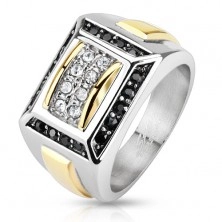 Stalowy pierścionek srebrnego i złotego koloru, czarne i przezroczyste cyrkonie, prostokąty