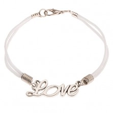 Biała sznurkowa bransoletka, ozdobny napis "Love" srebrnego koloru