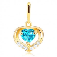 Złoty wisiorek 375 - cyrkoniowy zarys serca, niebieski serduszkowy topaz