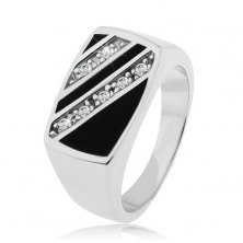 Srebrny pierścionek 925, prostokąt - ukośne pasy z przezroczystych cyrkonii, czarna emalia