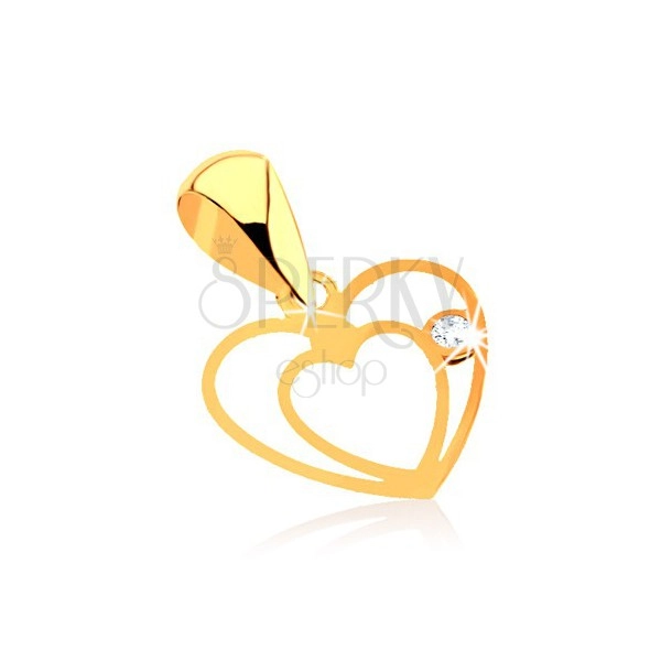 Wisiorek z żółtego złota 9K - drobny podwójny zarys serca, przezroczysta cyrkonia