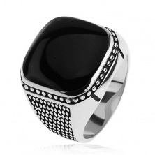 Srebrny pierścionek 925, małe romby, kuleczki, czarny wypukły kwadrat