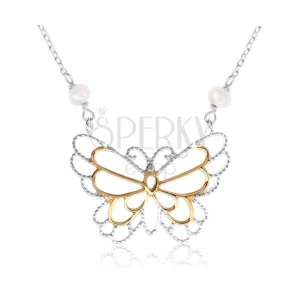 Srebrny naszyjnik 925, zarys motylka, osadzone perłowe kuleczki