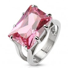 Stalowy pierścionek w srebrnym kolorze, masywna cyrkonia - różowy prostokąt