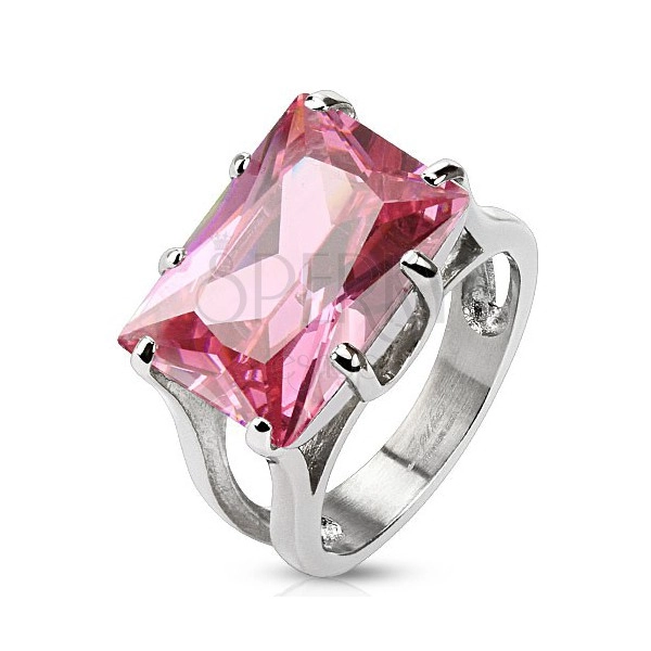 Stalowy pierścionek w srebrnym kolorze, masywna cyrkonia - różowy prostokąt