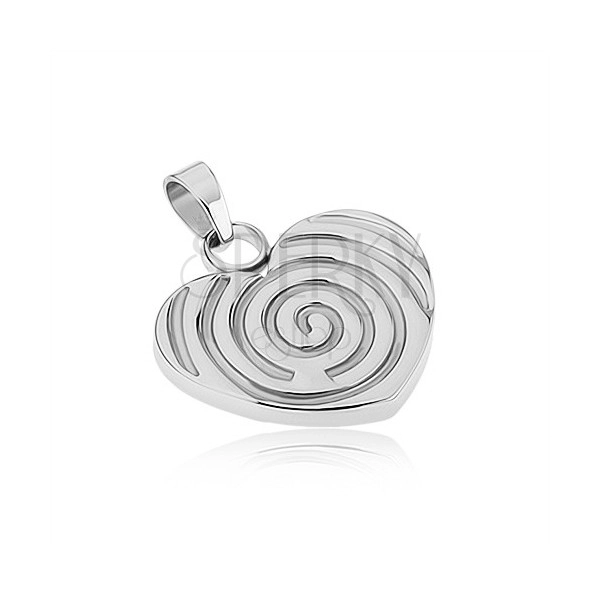 Stalowy wisiorek srebrnego koloru, symetryczne serce z wygrawerowaną spiralą