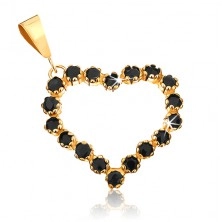 Złoty wisiorek 375 - zarys symetrycznego serca wyłożony czarnymi szafirami