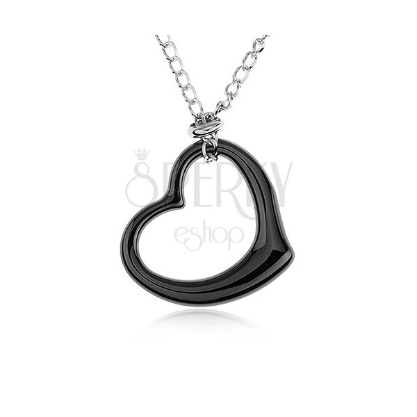 Stalowy naszyjnik, czarny ceramiczny zarys serca, łańcuszek srebrnego koloru