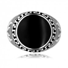 Pierścionek ze srebra 925, czarne emaliowane koło, ornament klucz grecki