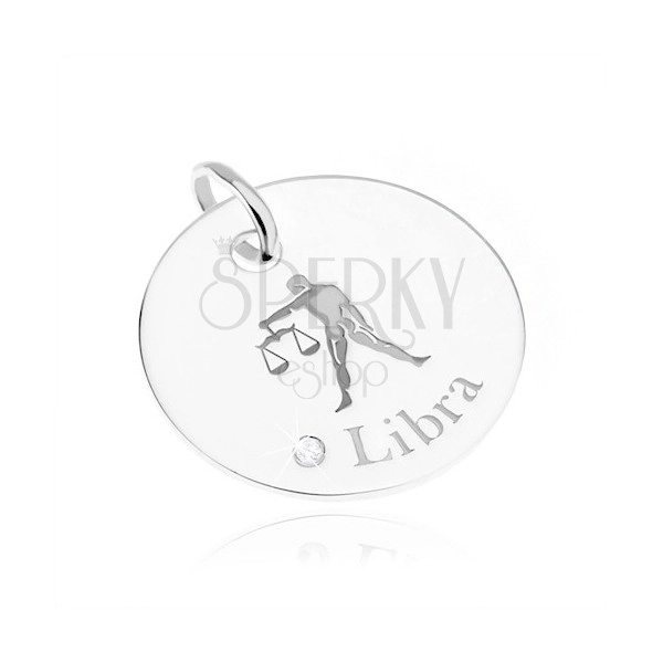 Okrągły i lśniący srebrny wisiorek 925, znak Zodiaku WAGA, przezroczysta cyrkonia