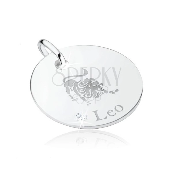 Okrągły srebrny wisiorek 925, ozdobnie grawerowane - znak Zodiaku LEW, cyrkonia