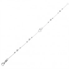 Srebrna bransoletka 925 - drobny łańcuszek z lśniącymi kuleczkami, zarysy serc