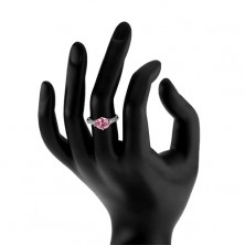 Srebrny pierścionek 925, owalna różowa cyrkonia, przezroczyste drobne cyrkonie