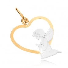 Złoty dwukolorowy wisiorek 375 - klęczący aniołek w dolnej części zarysu serca