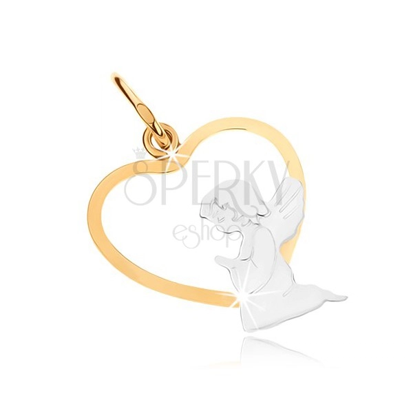 Złoty dwukolorowy wisiorek 375 - klęczący aniołek w dolnej części zarysu serca