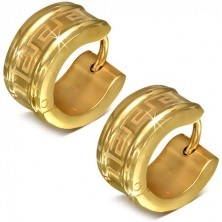 Okrągłe kolczyki ze stali chirurgicznej złotego koloru, motyw klucza greckiego