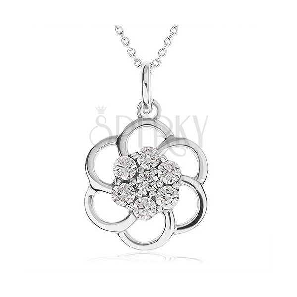 Naszyjnik ze srebra 925 - zarys kwiatu ozdobiony przezroczystymi kamyczkami, łańcuszek