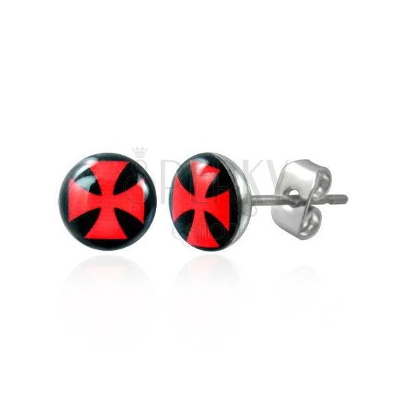 Kolczyki ze stali, przezroczysta emalia, czerwony krzyż maltański na czarnym tle