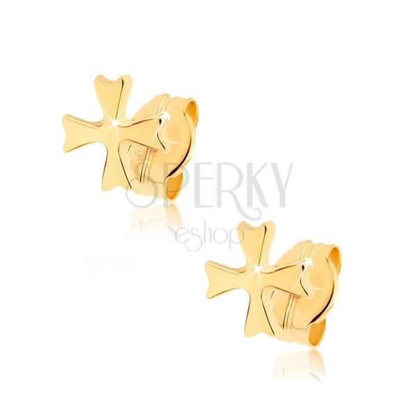 Kolczyki z żółtego złota 9K - lśniący krzyż maltański, wkręty