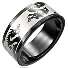 Czarny stalowy pierścionek z walczącymi smokami