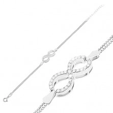 Srebrna bransoletka 925, symbol nieskończoności ozdobiony cyrkoniami, podwójny łańcuszek