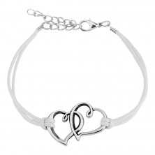 Bransoletka - białe sznurki, dwa zarysy serc w srebrnym kolorze