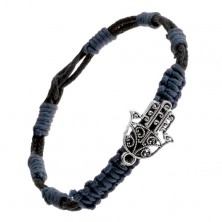 Pleciona bransoletka - niebieskoczarne sznurki, zawieszka wycinana buddyjska ręka