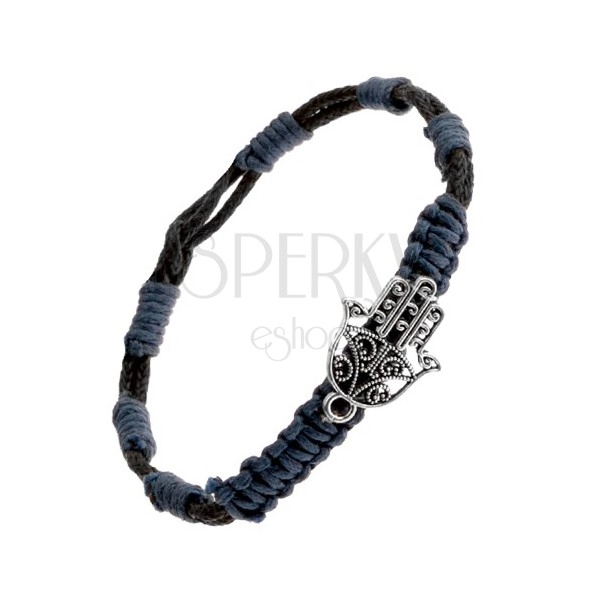 Pleciona bransoletka - niebieskoczarne sznurki, zawieszka wycinana buddyjska ręka