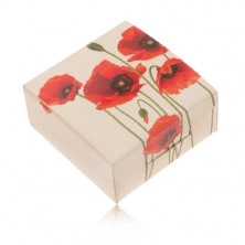 Kremowe tekturowe pudełeczko na pierścionek i kolczyki, czerwony kwiat maku