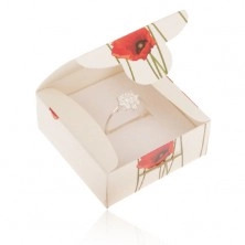 Kremowe tekturowe pudełeczko na pierścionek i kolczyki, czerwony kwiat maku
