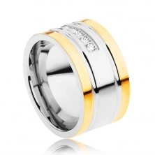 Stalowy pierścionek złotego i srebrnego koloru, błyszczący cyrkoniowy pas, nacięcia