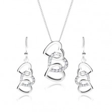 Srebrny zestaw 925, kolczyki i naszyjnik - zarysy trzech połączonych serc, przezroczyste cyrkonie