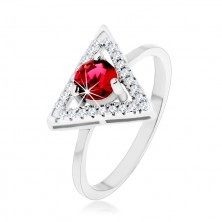Srebrny pierścionek 925 - cyrkoniowy zarys trójkąta, okrągła czerwona cyrkonia